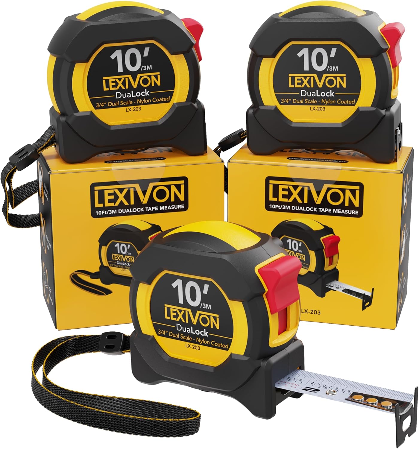 LEXIVON 10Ft/3m DuaLock Tape Measure | 3/4-Inch Wide Blade with Nylon Coating, Matte Finish White & Yellow Dual Sided Rule...